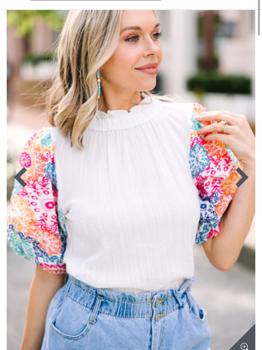 THML White Blouse with Multicolor Puff Sleeves